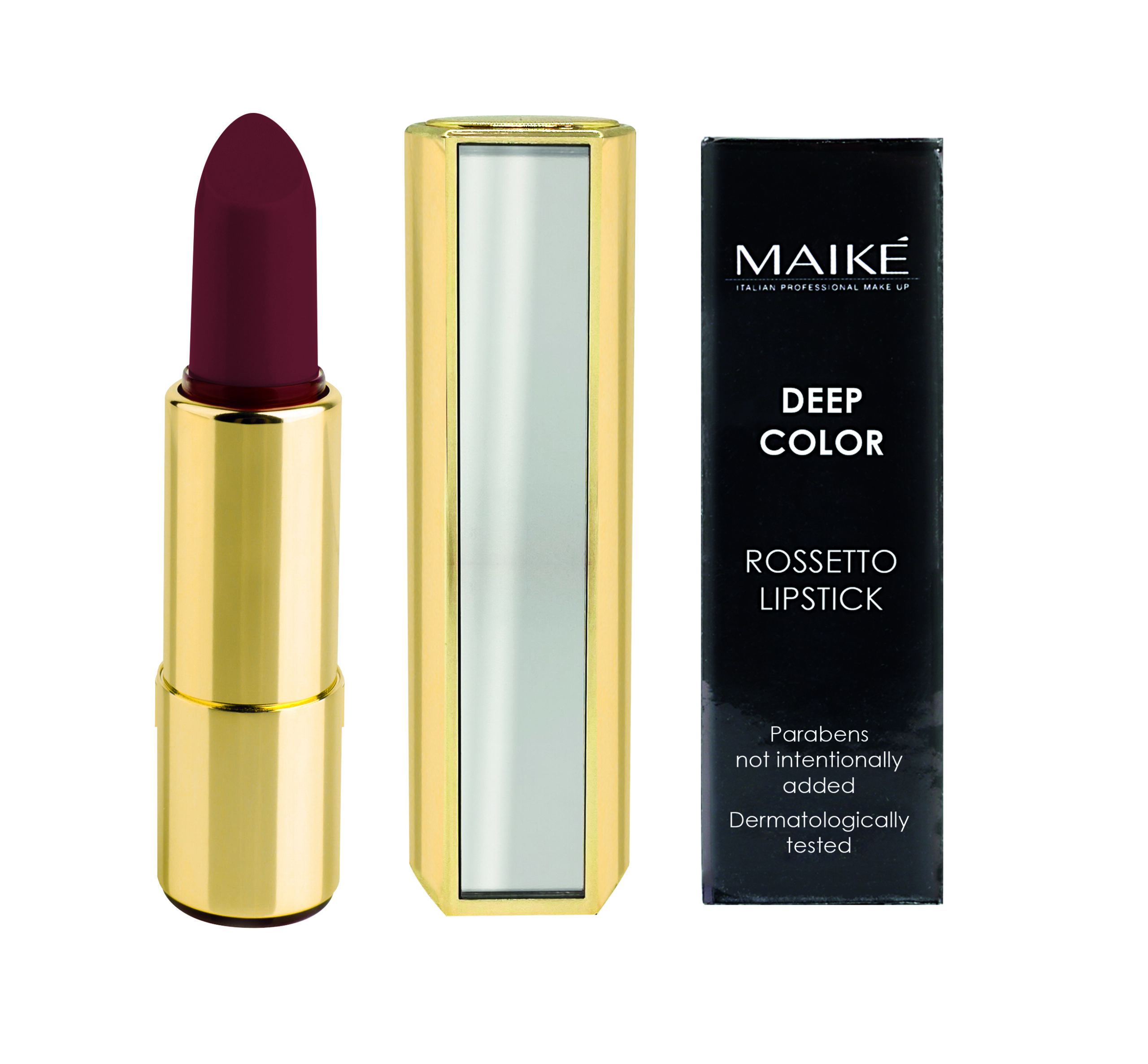 Red lipstick in golden tube on white background with mirror refl