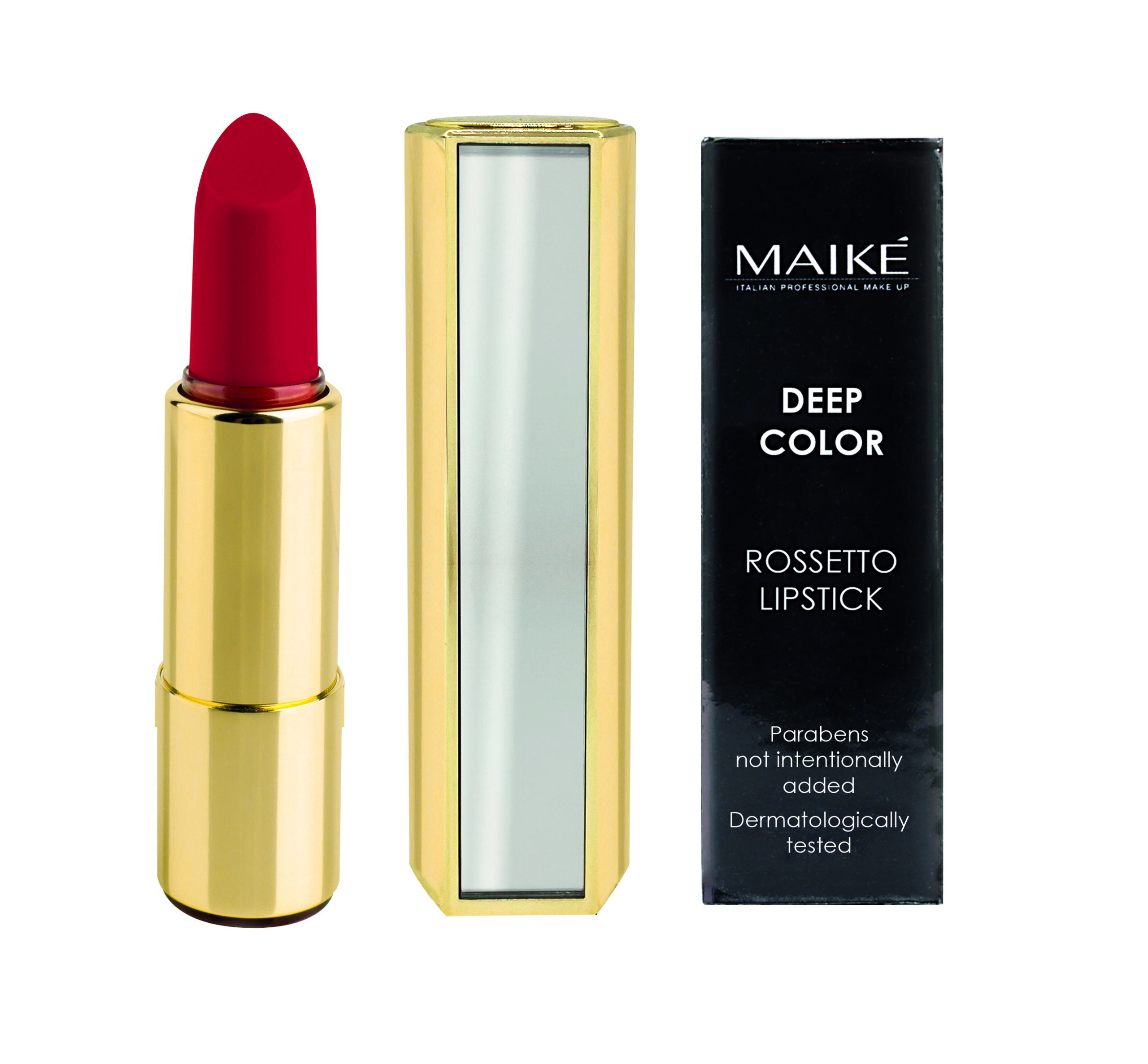 Red lipstick in golden tube on white background with mirror refl