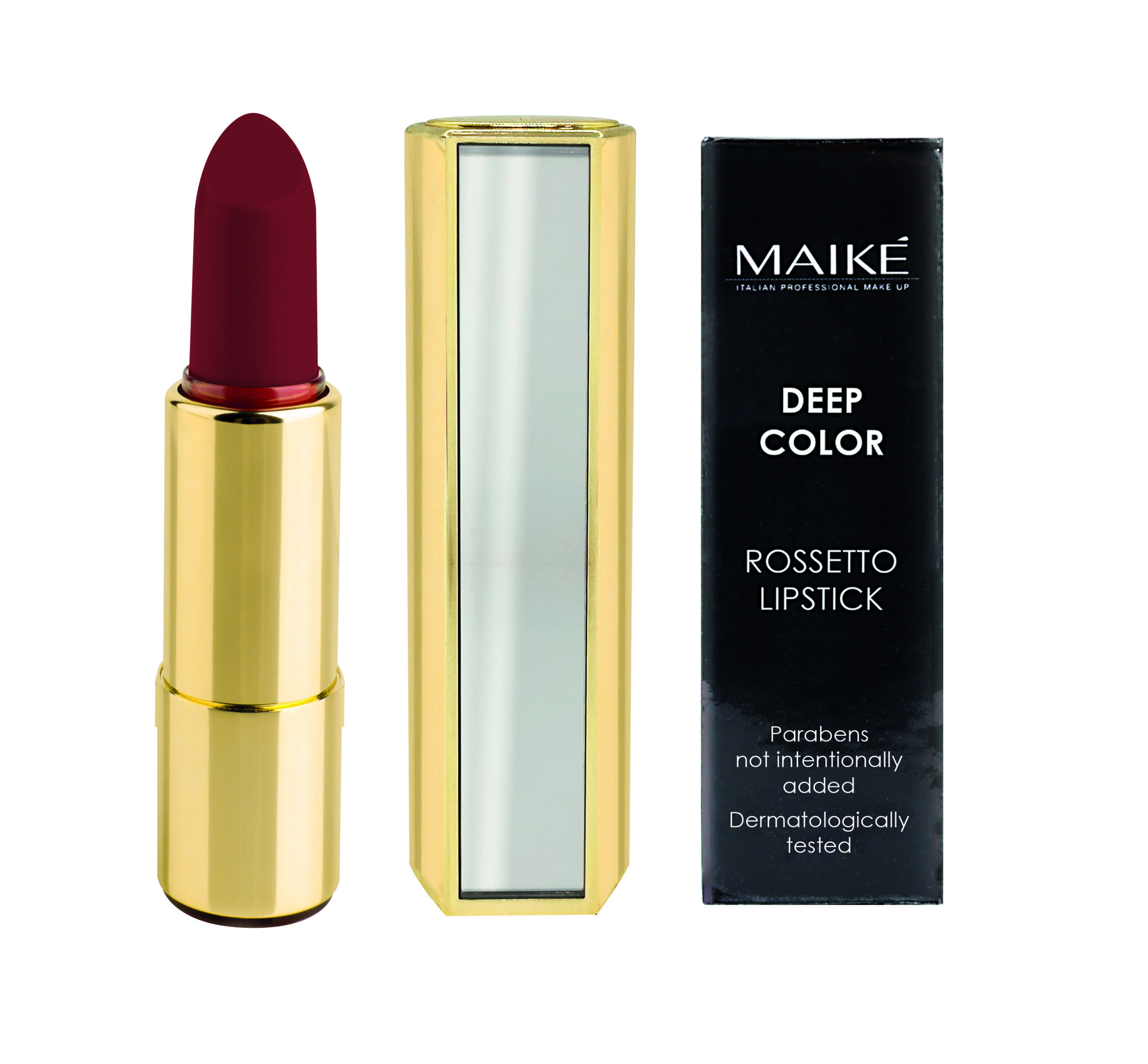 Red lipstick in golden tube on white background with mirror refl